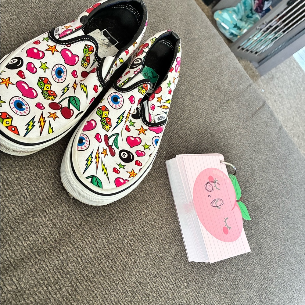 Vans Slip-On Sneakers in White with Pink, Green, Yellow & Blue Pop-Art